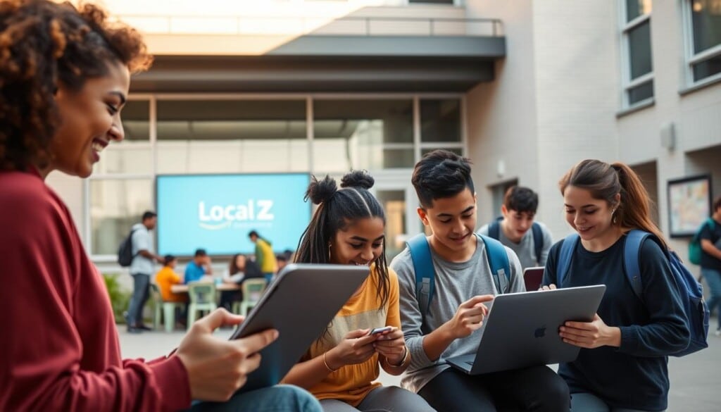 A modern, welcoming school campus with students of diverse backgrounds collaborating on laptops and tablets. In the foreground, two students excitedly discussing an educational app, warmly lit by natural light. In the middle ground, a group of students working together at a communal table, facilitated by a teacher using a touchscreen display. In the background, the school's facade features the LocalZ logo, symbolizing its role in connecting this institution with its student community. The scene conveys a sense of engaged, technology-driven learning in a vibrant, inclusive educational environment.