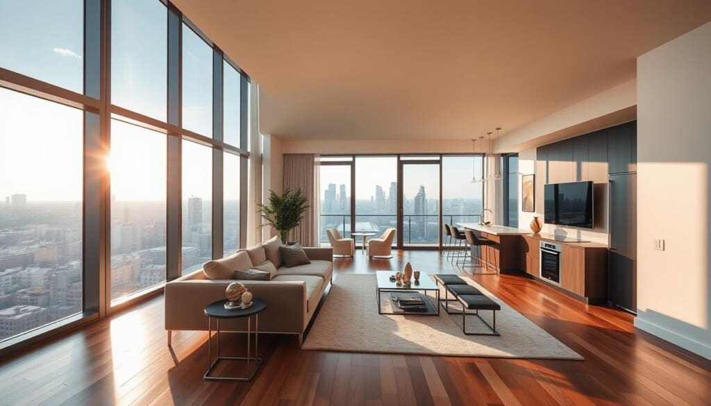 A modern, well-appointed condo interior with an open-concept layout and floor-to-ceiling windows overlooking a vibrant cityscape. Warm lighting casts a cozy glow over the sleek, minimalist furnishings - a plush sofa, contemporary coffee table, and a stylish entertainment unit. The kitchen features high-end appliances and a central island with barstools. Abundant natural light streams in, reflecting off the hardwood floors. Subtle pops of color from artwork and accent pieces add visual interest. An expansive balcony provides an outdoor living space with a stunning view of the skyline. Overall, a sophisticated, urban living experience that embodies the luxury condominium lifestyle.