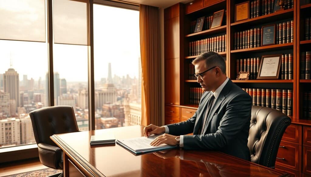 A modern, well-appointed law office, bathed in warm, natural lighting from large windows overlooking a bustling city skyline. In the foreground, a sharply dressed foreclosure attorney sits at a polished wooden desk, reviewing documents intently. The middle ground features bookshelves filled with legal tomes and framed accolades, conveying expertise and professionalism. The background showcases the vibrant urban landscape, hinting at the attorney's deep local knowledge and connections. The overall atmosphere is one of competence, reliability, and a commitment to serving the community.