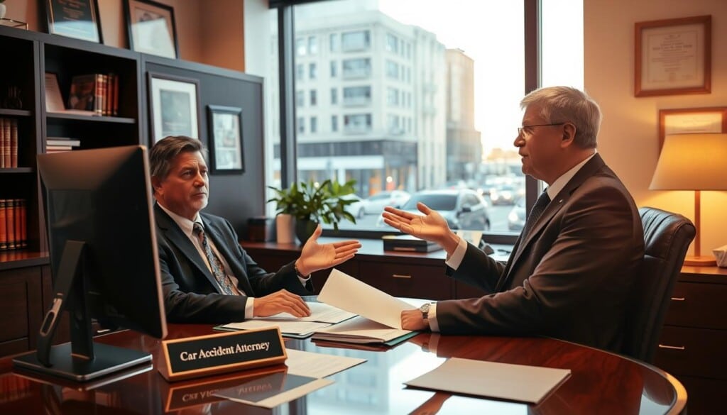 A modern, well-appointed law office interior with a large window overlooking a busy city street. In the foreground, a desk with a computer, legal documents, and a nameplate that reads "Car Accident Attorney". A middle-aged attorney in a sharp suit sits at the desk, gesturing expressively as they consult with a client. The client, a concerned-looking individual, sits across from the attorney. Warm, directional lighting illuminates the scene, creating a professional and reassuring atmosphere. The background features bookshelves, framed certificates, and other accoutrements of a successful legal practice.