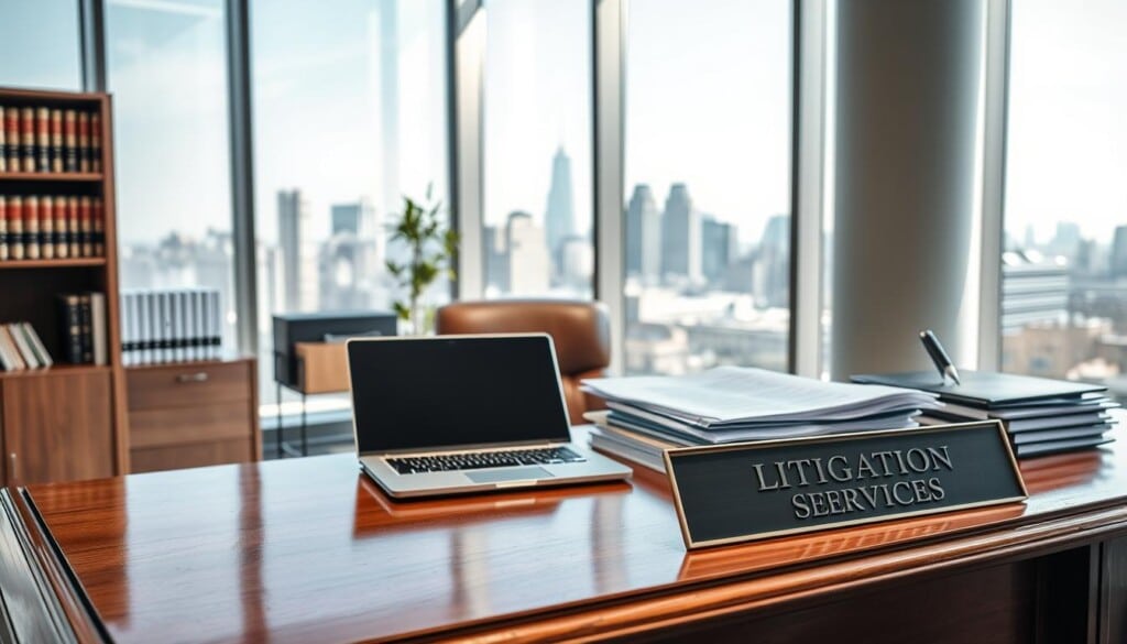 A modern, well-appointed law office with floor-to-ceiling windows, allowing natural light to pour in. In the foreground, a polished wooden desk with a nameplate reading "Litigation Services." On the desk, a laptop, a stack of legal documents, and a few strategically placed office supplies. In the middle ground, a comfortable leather chair and a bookshelf filled with law volumes. The background features a city skyline, hinting at the scope and scale of the legal practice. The overall atmosphere conveys a sense of professionalism, expertise, and attention to detail.