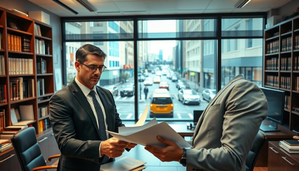 A modern, well-appointed law office with large windows overlooking a bustling city street. In the foreground, a confident traffic ticket defense lawyer consults documents and strategizes with a client. The lawyer's expression is thoughtful, their posture conveying expertise and determination. In the middle ground, the office is filled with bookshelves, a sleek computer setup, and other trappings of a successful legal practice. The background depicts the urban landscape outside, with cars and pedestrians moving through the street, hinting at the real-world cases the lawyer handles. The lighting is warm and professional, creating a sense of competence and professionalism. The overall atmosphere suggests a skilled, experienced attorney ready to defend their client's interests.