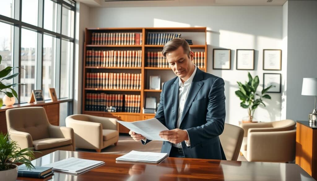 A modern, well-appointed law office with large windows, sleek furniture, and a warm, inviting atmosphere. In the foreground, a professional estate planning attorney stands at a desk, reviewing documents with a serious yet compassionate expression. Behind them, shelves filled with legal tomes and certificates line the walls, conveying expertise and authority. Natural lighting streams in, casting a soft glow over the scene. The overall mood is one of trust, professionalism, and a commitment to securing the client's legacy.