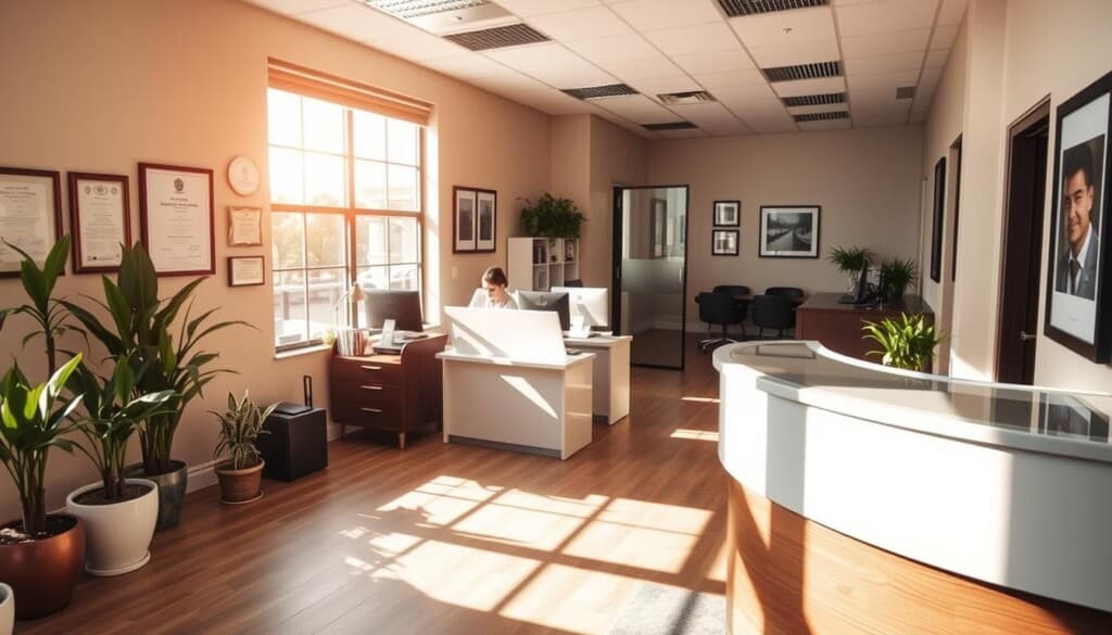 A modern, well-appointed tax service office, bathed in warm, natural light streaming through large windows. A receptionist desk in the foreground, with professional tax consultants seated at workstations behind. The walls are adorned with certificates and awards, conveying expertise and reliability. Tasteful décor, including potted plants and framed artwork, creates a welcoming, community-oriented atmosphere. In the background, a sleek, minimalist conference room visible, suggesting the availability of private consultations. The overall scene projects a sense of professionalism, approachability, and a commitment to helping local residents navigate the complexities of tax preparation.