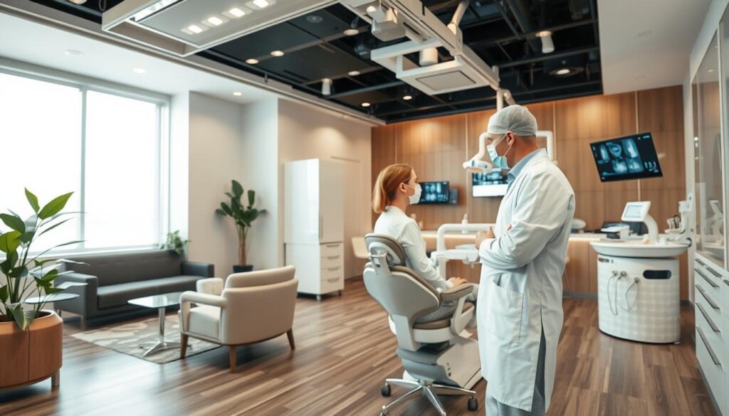 A modern, well-equipped dental clinic with sophisticated technology. The waiting area features comfortable seating, plants, and soothing lighting. In the foreground, a dentist in sterile attire consults with a patient, discussing specialized treatments. The procedure room in the background showcases advanced dental chairs, screens displaying x-rays, and state-of-the-art instruments. The clinic exudes an atmosphere of professionalism, innovation, and personalized care, catering to the needs of discerning patients seeking the highest quality dental services.