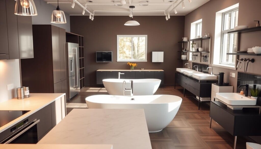 A modern, well-equipped kitchen and bathroom showroom with a range of high-end fixtures and fittings. The foreground features a sleek, minimalist kitchen with stainless steel appliances, quartz countertops, and pendant lighting. In the middle ground, a luxurious freestanding bathtub is positioned under a large window, allowing natural light to filter in. The background showcases an assortment of stylish vanities, sinks, and taps, all presented in a clean, organized display. The lighting is warm and inviting, creating a welcoming atmosphere that emphasizes the quality and craftsmanship of the products. The overall scene conveys a sense of sophistication and attention to detail, reflecting the premium nature of the kitchen and bath services offered.