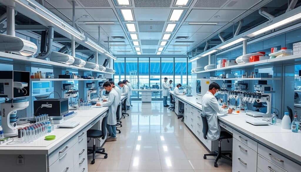 A modern, well-equipped laboratory with sleek, futuristic equipment and diagnostic instruments. In the foreground, a team of scientists in white lab coats diligently conducting various tests and experiments. The middle ground features rows of test tubes, beakers, and other scientific apparatus arranged neatly on pristine countertops. The background showcases a panoramic view of the laboratory, with high ceilings, bright lighting, and a sense of cutting-edge technology. The overall atmosphere conveys professionalism, precision, and a commitment to advancing medical research and healthcare services.