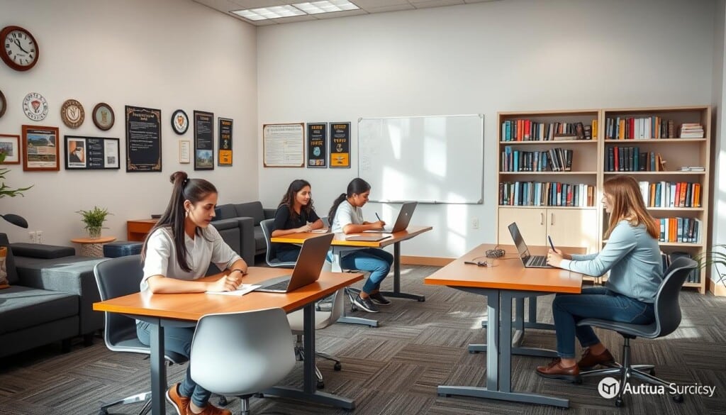 A modern, well-equipped tutoring center with comfortable seating and ample natural lighting. Students engaged in focused, one-on-one sessions with experienced tutors at sleek, wooden desks. The walls display academic awards and motivational posters, creating an atmosphere of academic excellence. In the background, a large whiteboard and shelves filled with educational resources. Overall, a professional, nurturing environment conducive to learning and growth.