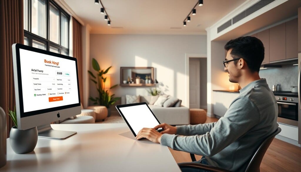 A modern, well-lit apartment interior with a focus on the booking process. In the foreground, a person sitting at a clean, minimalist desk, using a laptop or tablet to navigate an intuitive online booking interface with smooth animations and clear visuals. The middle ground features a cozy living room with plush furniture, plants, and warm, natural lighting filtering through large windows. The background showcases a stylish, contemporary kitchen with sleek cabinets and appliances. The overall atmosphere is one of efficiency, comfort, and seamless user experience, reflecting the "How LocalZ Works" section of the article.