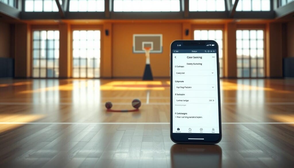 A modern, well-lit basketball court with a sleek, user-friendly online booking interface in the foreground. The court is illuminated by natural light streaming through large windows, creating a warm, inviting atmosphere. In the middle ground, a mobile device displays the booking platform, showcasing an intuitive layout and clear step-by-step instructions. The background features a stylized cityscape, hinting at the court's urban setting and accessibility. The overall composition conveys a sense of efficiency, technology, and the convenience of booking a basketball session online.