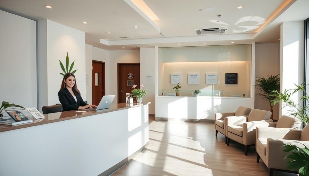 A modern, well-lit cannabis clinic reception area. The foreground features a clean, minimalist reception desk staffed by a friendly, professional receptionist. The middle ground showcases a comfortable waiting area with plush chairs and magazines. The background reveals private consultation rooms with discreet signage. Soft, natural lighting filters through floor-to-ceiling windows, creating a warm, welcoming atmosphere. The overall scene conveys a sense of trust, care, and ease, reflecting the professional, patient-centric approach of a reputable cannabis clinic.