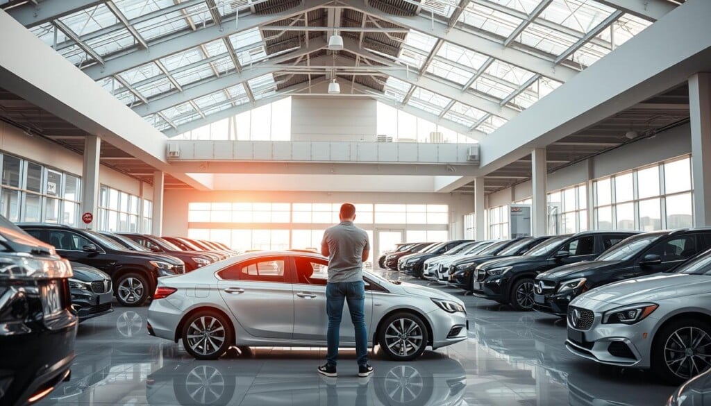 A modern, well-lit car dealership showroom with an array of gleaming vehicles on display. In the foreground, a customer stands in the middle of the floor, examining the interior of a sleek, silver sedan. Overhead, a high-vaulted ceiling with large windows allows natural light to pour in, casting a warm, inviting glow across the space. In the background, rows of cars in various makes and models line the showroom, their reflective surfaces catching the light. The atmosphere is one of possibility and excitement, as the customer considers their next automotive purchase.