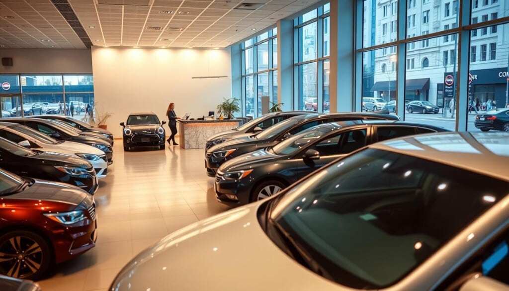 A modern, well-lit interior of a local car rental office, with a sleek, minimalist design. In the foreground, a row of neatly arranged rental cars, including sedans, SUVs, and compact vehicles, all gleaming under soft, warm lighting. The middle ground features a welcoming reception area with a polished, granite-topped counter and a friendly staff member assisting a customer. The background showcases large, floor-to-ceiling windows, offering a view of a bustling city street outside, with pedestrians and passing traffic. The overall atmosphere conveys a sense of efficiency, professionalism, and a commitment to providing an exceptional car rental experience.