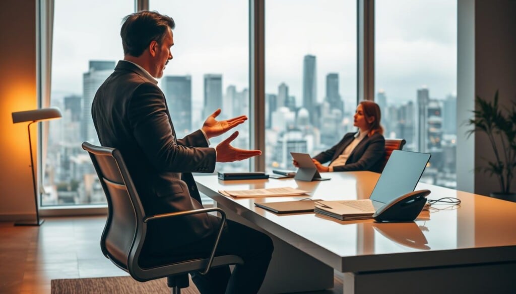 A modern, well-lit interior office with a realtor's desk and chair in the foreground. On the desk, a laptop, a telephone, and a stack of documents. Behind the desk, a large window overlooking a bustling city skyline in the background. The realtor, dressed in professional attire, is gesturing and communicating with a prospective client seated across the desk. Warm, inviting lighting fills the space, creating a productive and collaborative atmosphere. The room's decor is minimalist, with clean lines and neutral tones, allowing the focus to remain on the interaction between the realtor and the client.