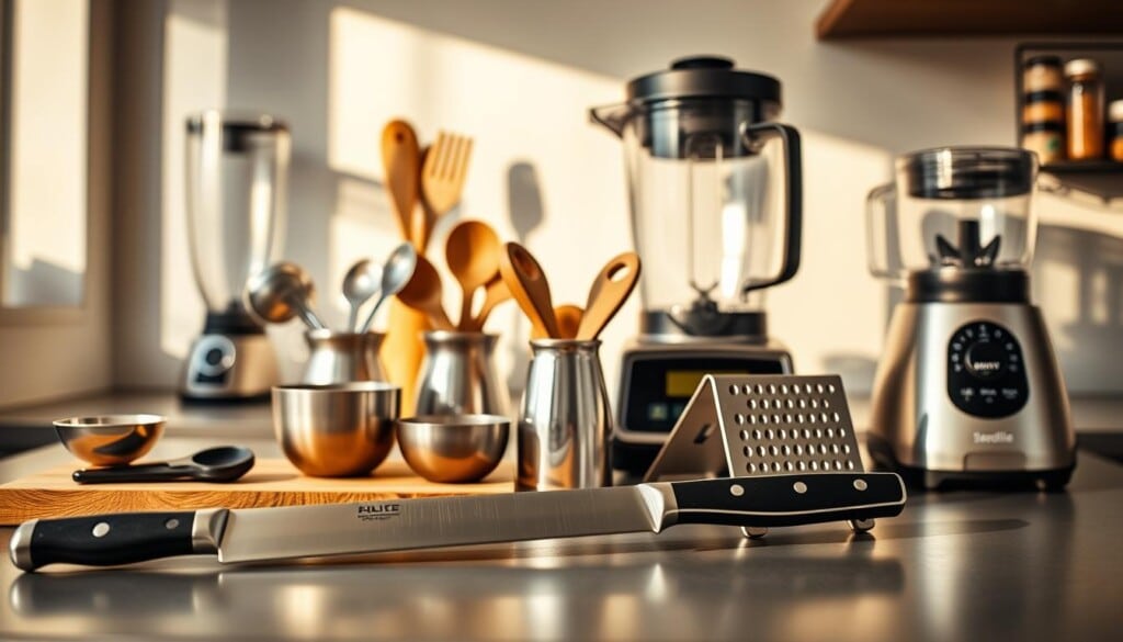 A modern, well-lit kitchen counter showcasing an assortment of essential accessories. In the foreground, a high-quality chef's knife, a sturdy cutting board, and a sleek stainless steel grater. In the middle ground, a set of measuring cups and spoons, a digital food scale, and a stylish utensil holder. The background features a high-powered blender, a compact food processor, and a premium spice rack. Warm, natural lighting illuminates the scene, casting subtle shadows and highlighting the metallic finishes. The overall composition conveys a sense of functionality, organization, and culinary expertise.