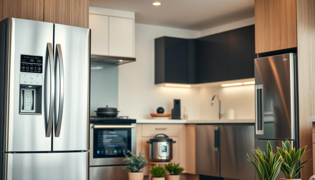 A modern, well-lit kitchen interior with an array of smart home appliances strategically displayed. In the foreground, a sleek, silver smart refrigerator with a touchscreen interface and voice control capabilities. Nearby, a stainless steel smart oven with a large, high-resolution display showcasing cooking settings and recipes. Further back, a smart dishwasher with a minimalist panel blends seamlessly into the kitchen cabinetry. The middle ground features a smart countertop appliance, such as a multi-function instant pot or a high-tech blender, surrounded by lush greenery in ceramic pots. The background reveals a smart speaker system integrated into the kitchen design, creating a cohesive, tech-savvy atmosphere. The lighting is warm and inviting, highlighting the premium finishes and cutting-edge technology of these modern home appliances.