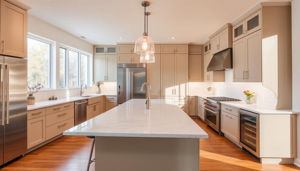A modern, well-lit kitchen with sleek, minimalist cabinets in a neutral, earthy palette. Gleaming quartz countertops reflect the soft, diffused lighting from pendant lamps overhead. The spacious layout features a large central island with bar stools, perfect for casual dining and meal prep. Stainless steel appliances, including a professional-grade range and a built-in wine cooler, suggest a high-end, luxurious remodel. Warm wood floors and a backsplash of subway tiles add texture and warmth to the contemporary design. Large windows flood the space with natural light, creating an airy, inviting atmosphere.