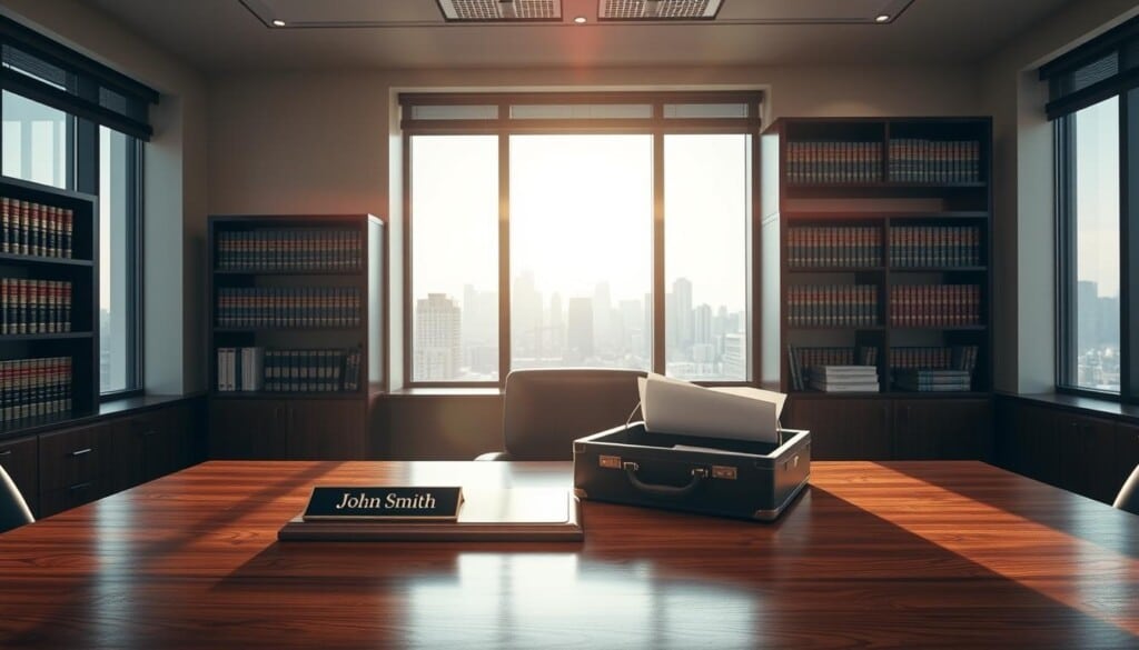 A modern, well-lit law office interior, with a large wooden desk in the foreground. On the desk, a nameplate reads "John Smith, Criminal Defense Attorney" and a briefcase sits open, revealing legal documents. Behind the desk, a wall-mounted bookshelf is filled with law books. Sunlight streams in through large windows, casting a warm glow throughout the room. In the background, a city skyline is visible, hinting at the importance of a local attorney's expertise in navigating the local legal system. The overall atmosphere conveys professionalism, expertise, and a commitment to providing the best possible legal representation.