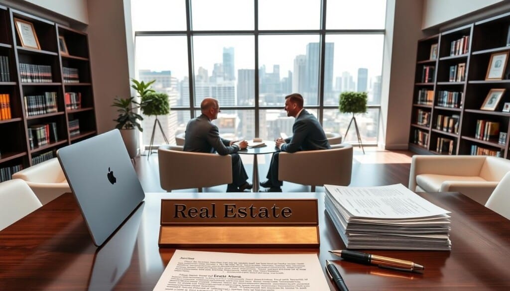A modern, well-lit law office interior with large windows and sleek furniture. In the foreground, a desk with a laptop, a pen, and a stack of legal documents. On the desk, a brass nameplate reads "Real Estate Attorney". In the middle ground, two clients in business attire sit across from the attorney, engaged in a discussion. The background features bookshelves, framed certificates, and a city skyline visible through the windows, conveying a sense of professionalism and expertise in real estate law.