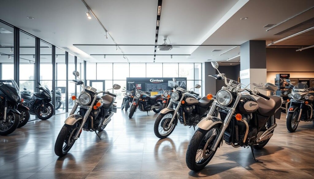 A modern, well-lit motorcycle showroom with a sleek, minimalist design. In the foreground, a selection of gleaming motorcycles are showcased on a polished concrete floor, their chrome accents and sleek lines reflecting the bright overhead lighting. In the middle ground, the showroom features glass walls and large windows, allowing natural light to flood the space and creating a sense of openness and transparency. In the background, a neutral color palette of grays and whites creates a sophisticated and inviting atmosphere, complemented by subtle branding and signage. The overall scene conveys a high-end, professional experience for potential motorcycle buyers.