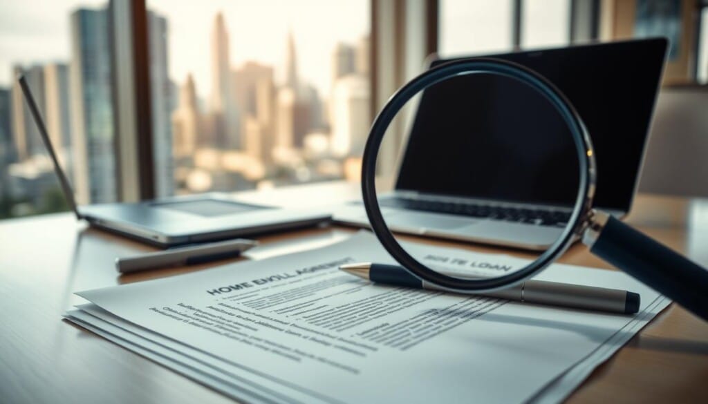 A modern, well-lit office desk with a laptop, a stack of documents, and a pen. In the foreground, a magnifying glass is hovering over the documents, highlighting the key terms and conditions of a home loan agreement. The background features a blurred cityscape with skyscrapers, conveying a sense of professionalism and financial expertise. The lighting is soft and warm, creating a welcoming and trustworthy atmosphere. The overall composition emphasizes the importance of carefully reviewing the details of a home loan before making a decision.