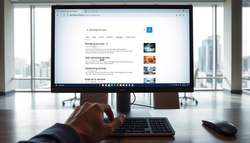 A modern, well-lit office interior with a large computer monitor displaying a search engine results page for "plumbing services". In the foreground, a person's hands typing on a sleek keyboard. The middle ground features a desk with a minimalist design, and the background showcases floor-to-ceiling windows overlooking a cityscape. The lighting is soft and natural, creating a calm and professional atmosphere. The color palette is a harmonious blend of greys, whites, and blues, reflecting the clean and efficient nature of the plumbing services search process.