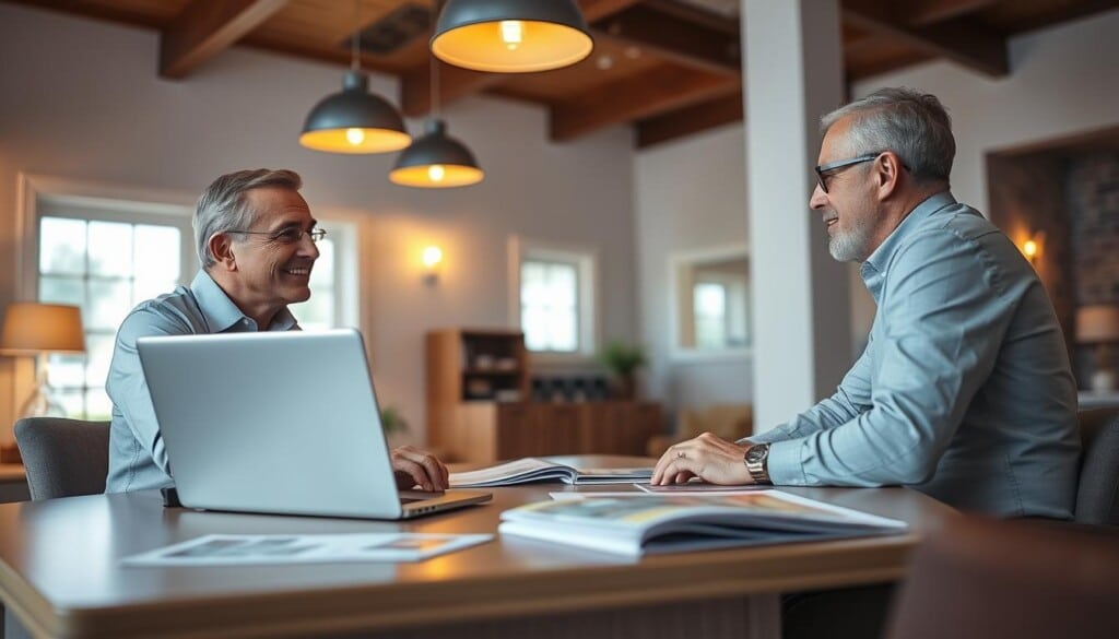 A modern, well-lit office interior with a large desk and a friendly financial advisor discussing mobile home loan options with a prospective client. Warm lighting from overhead fixtures and a partially visible window in the background create a welcoming atmosphere. The advisor's laptop displays mortgage documents, while brochures and informative materials are neatly arranged on the desk, conveying professionalism and expertise. The client is engaged, leaning forward, ready to explore the financing solutions for their mobile home purchase.