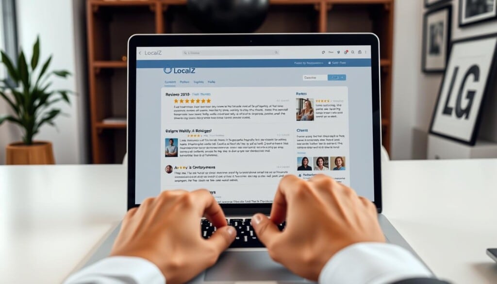 A modern, well-lit office setting with a laptop screen prominently displaying a review page for "LocalZ", a local business review platform. The screen shows detailed customer reviews for various outlet shopping destinations, with star ratings, written testimonials, and photos. In the foreground, a person's hands are interacting with the laptop, scrolling through the reviews. The background features minimal, contemporary decor, with a plant and some framed artwork visible. The lighting is soft and diffused, creating a warm, professional atmosphere. The overall scene conveys the concept of researching and reading reviews to make informed decisions about outlet shopping.
