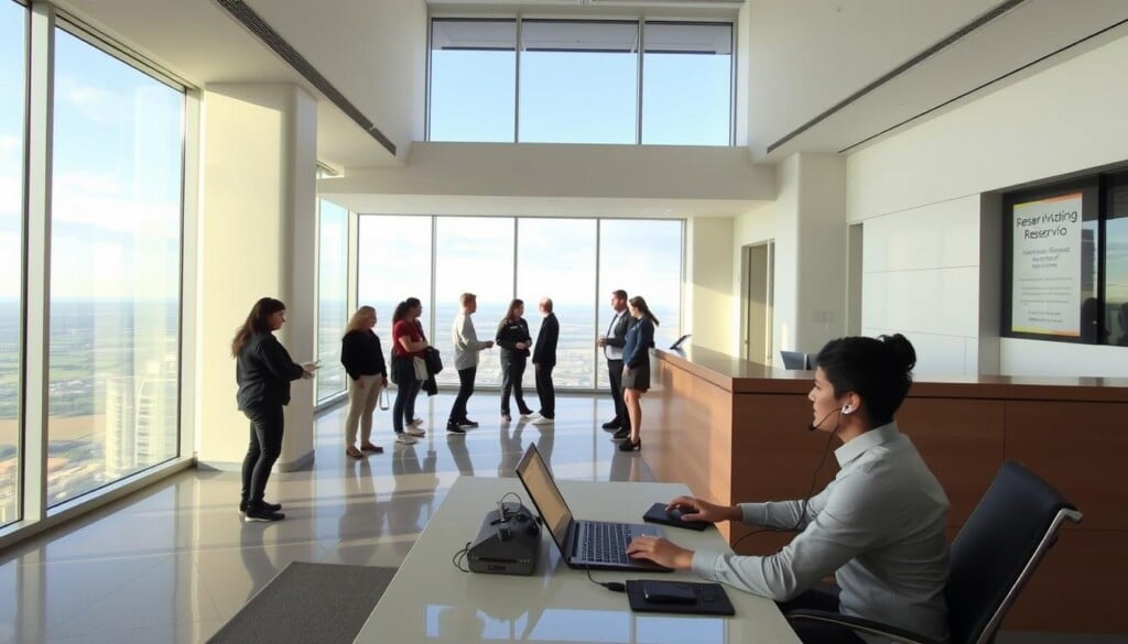 A modern, well-lit office space with a sleek, minimalist design. In the foreground, a person sitting at a desk, using a laptop and speaking on a headset, guiding a customer through the skydiving reservation process. The middle ground features several people standing in line, reviewing paperwork and speaking with staff behind a reception counter. In the background, large windows offer a panoramic view of a picturesque landscape, hinting at the thrilling adventure to come. The overall scene conveys a sense of professionalism, efficiency, and excitement for the skydiving experience.