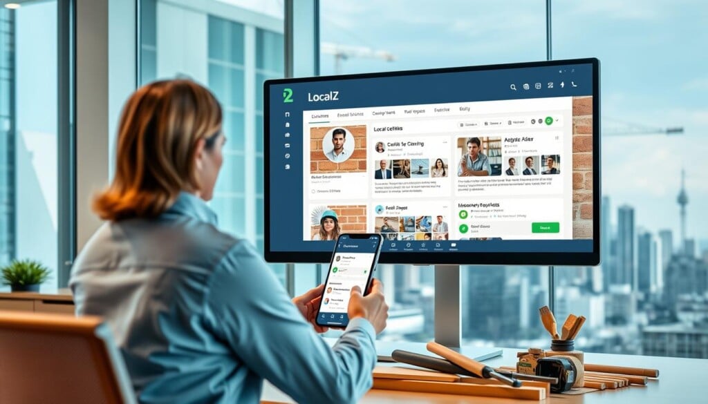 A modern, well-lit office with a large computer monitor displaying the LocalZ app interface. In the foreground, a person in casual business attire is using the app to search for and connect with local masonry experts, their profile details and contact information visible on the screen. The middle ground shows a collection of masonry tools and materials, hinting at the services available. In the background, a cityscape with skyscrapers and construction sites, emphasizing the local aspect of the search. The overall atmosphere is professional, technological, and focused on finding reliable masonry solutions in the user's vicinity.