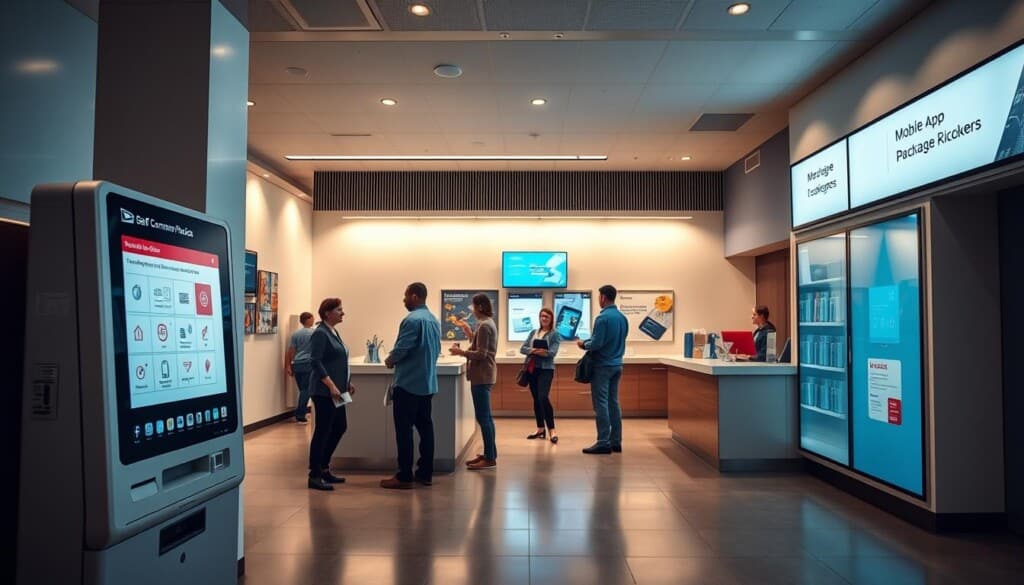 A modern, well-lit post office lobby with sleek, minimalist design. The foreground features a high-tech self-service kiosk, its touch screen interface displaying intuitive options for common postal services. Customers in the middle ground engage with friendly staff at a concierge-style counter, discussing packages and addressing inquiries. The background showcases digital signage highlighting innovative offerings like mobile app-based shipping and package pickup lockers. Subtle ambient lighting and a clean, organized layout convey an efficient, customer-centric atmosphere.