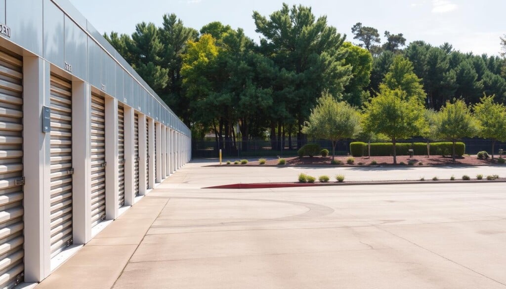 A modern, well-lit self storage facility, its exterior adorned with clean lines and sleek architectural design. The foreground features a series of stacked, uniform storage units with metal doors, conveying a sense of order and security. In the middle ground, a spacious parking lot with finely paved surfaces allows for easy access and maneuvering of vehicles. The background showcases a lush, meticulously landscaped area, with towering trees and neatly trimmed shrubs, creating a tranquil and inviting atmosphere. The lighting is soft and natural, casting a warm glow over the entire scene, emphasizing the facility's attention to detail and commitment to providing a safe, accessible, and visually appealing storage solution.