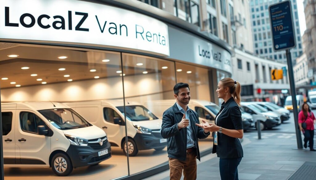 A modern, well-lit storefront showcasing the "Van Rental Services" offered by LocalZ. The front facade features large glass windows displaying a fleet of sleek, stylish rental vans in various sizes. A prominent sign reads "LocalZ Van Rentals" in a clean, contemporary font. In the foreground, a customer is enthusiastically speaking with a friendly staff member, gesturing towards the vehicles. The middle ground depicts additional vans parked neatly, while the background features a bustling city street with pedestrians and other transport. The overall scene conveys a sense of efficiency, professionalism, and the convenience of renting a van through the LocalZ platform.