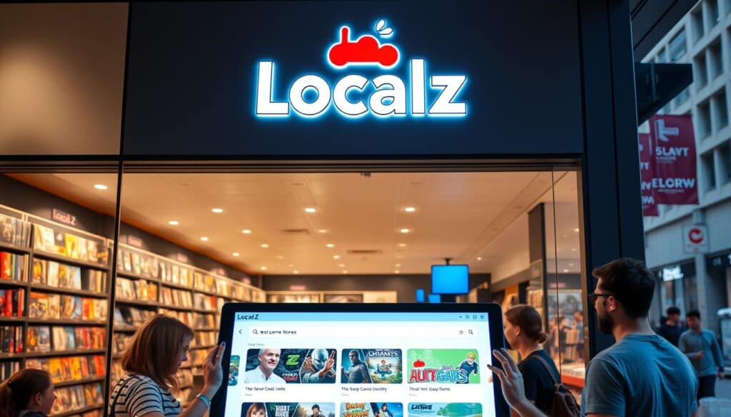 A modern, well-lit storefront with the LocalZ logo prominently displayed. The interior is filled with rows of game shelves, showcasing a variety of popular titles. The store's aesthetic is sleek and inviting, with warm lighting and clean lines. In the foreground, a group of excited customers browse the selection, their expressions conveying the thrill of finding the perfect game. The middle ground features a large touchscreen display, allowing users to easily search for and locate nearby game stores. The background depicts a bustling urban street, hinting at the store's convenient, accessible location. The overall scene captures the excitement and convenience of discovering the best game stores in the area using the LocalZ app.