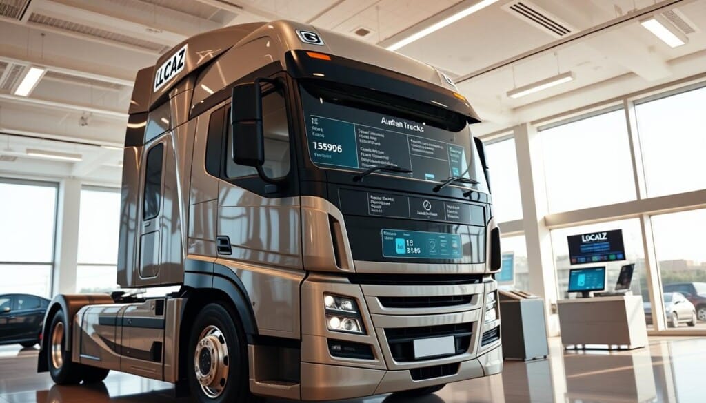 A modern, well-lit truck dealership showroom, with a focus on the central display showcasing the detailed information provided by LocalZ. The truck's exterior is rendered in a sleek, photorealistic style, with a clean, minimalist design. The interior layout features neatly organized digital screens and displays, providing comprehensive details about the vehicle's specifications, price, and available features. The lighting is warm and inviting, creating a sense of professionalism and expertise. The overall atmosphere conveys the importance of LocalZ in empowering potential buyers to make informed decisions during their truck search.
