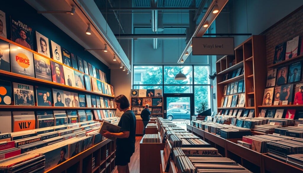 A modern, well-lit vinyl shop with sleek, minimalist design. Rows of vibrant, newly-stocked records line the shelves, their covers reflecting the warm glow of overhead lighting. In the foreground, a customer peruses the selection, their hands carefully examining a vintage LP. The space is airy and inviting, with large windows allowing natural light to filter in, creating a cozy, atmospheric ambiance. Wooden floors and accents lend a touch of rustic charm, balancing the contemporary aesthetic. The shop's facade features a simple, bold sign, hinting at the musical treasures waiting inside this new, must-visit destination for vinyl enthusiasts.