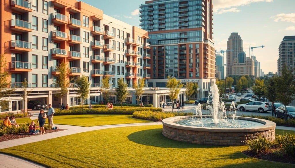 A modern, well-maintained apartment complex with a mix of residential and commercial units. The foreground features a well-manicured lawn and a water fountain feature, with residents enjoying the outdoor space. The middle ground showcases the efficient property management team overseeing daily operations, addressing tenant concerns, and ensuring the buildings are in pristine condition. The background depicts a bustling urban setting, with the property strategically located near public transportation and popular amenities. Warm, natural lighting illuminates the scene, creating a welcoming and inviting atmosphere. The overall composition emphasizes the importance of effective property management in maintaining a thriving, sustainable real estate investment.