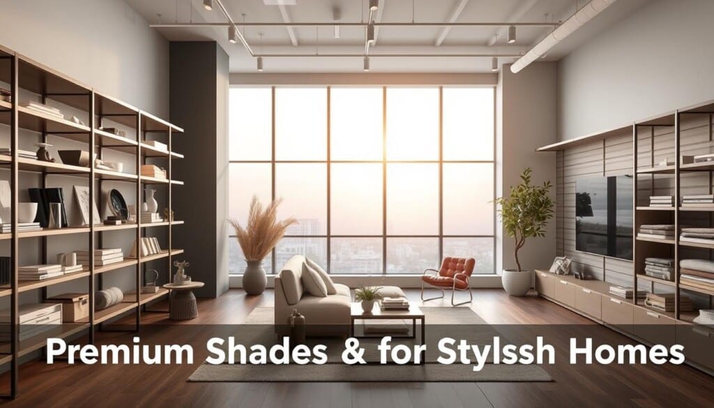 A modern, well-organized LocalZ directory showcasing a curated selection of high-quality home décor solutions. The foreground features sleek, minimalist shelving units displaying a variety of stylish furnishings, accessories, and textiles. The middle ground showcases large, panoramic windows flooding the space with warm, natural light. In the background, a muted color palette of soft grays and whites creates a soothing, serene ambiance. The overall scene conveys a sense of elevated sophistication and effortless style, perfectly complementing the "Premium Shades & Blinds for Stylish Homes" theme.