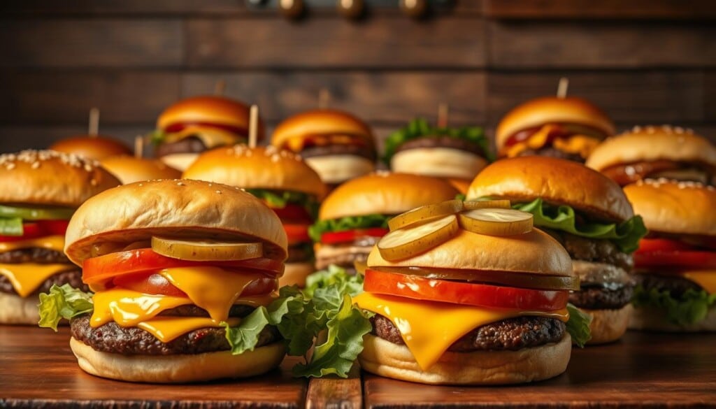 A mouthwatering array of signature burgers from renowned American restaurants, captured in a tantalizing still life. In the foreground, juicy beef patties topped with melted cheese, crisp lettuce, ripe tomatoes, and glistening pickles, nestled between soft, lightly toasted buns. The middle ground features a variety of creative burger styles, from classic cheeseburgers to inventive specialty creations. In the background, a rustic wooden surface with hints of metallic accents creates an industrial-chic atmosphere. Warm, directional lighting casts dramatic shadows, accentuating the texture and depth of each burger component. The overall composition evokes a sense of culinary excellence and a celebration of the iconic American burger.