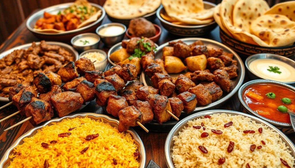 A mouthwatering array of traditional Afghan dishes, artfully arranged on an ornate wooden table. In the foreground, succulent kebabs of lamb and chicken, marinated in aromatic spices, sizzle under warm, golden lighting. Beside them, a fragrant pilaf of basmati rice, flavored with saffron and studded with raisins and almonds. In the middle ground, platters of juicy, slow-cooked stews - hearty qabili palau with tender lamb, and savory aushak dumplings in a tangy yogurt sauce. The background features a vibrant display of fresh naan breads, their crisp, charred crusts glistening, accompanied by bowls of creamy raita and tangy chutney. The overall scene evokes the rich culinary heritage and welcoming hospitality of Afghanistan.