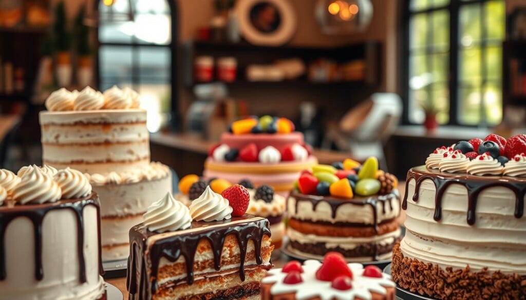 A mouthwatering display of delectable cakes, showcasing the diverse flavors and artistry of the nation's finest bakeries. In the foreground, a tempting assortment of luscious layered cakes, adorned with intricate frosting swirls and dripping with glossy ganache. In the middle ground, a vibrant selection of vibrant fruit-topped cakes, their vibrant hues a delight to the senses. In the background, a soft-focus setting of a cozy, sun-dappled cafe, inviting the viewer to imagine the perfect accompaniment of a steaming cup of coffee. Captured with a crisp, high-resolution lens, the scene exudes a warm, welcoming atmosphere, celebrating the joy and craftsmanship of America's favorite cakes.