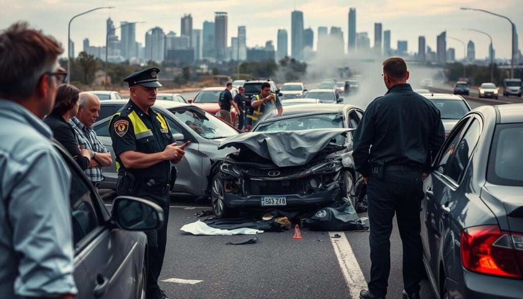 A multi-car collision on a busy highway, the crumpled metal and shattered glass a stark reminder of the consequences of reckless driving. In the foreground, a police officer speaks with distraught witnesses, their expressions conveying the gravity of the situation. The mid-ground reveals the tangle of vehicles, steam rising from damaged engines, as emergency responders tend to the injured. In the background, the city skyline looms, a juxtaposition of the everyday and the catastrophic. Soft, muted lighting casts an air of somber reflection, the scene captured with a wide-angle lens to emphasize the scale and scope of the accident's impact.