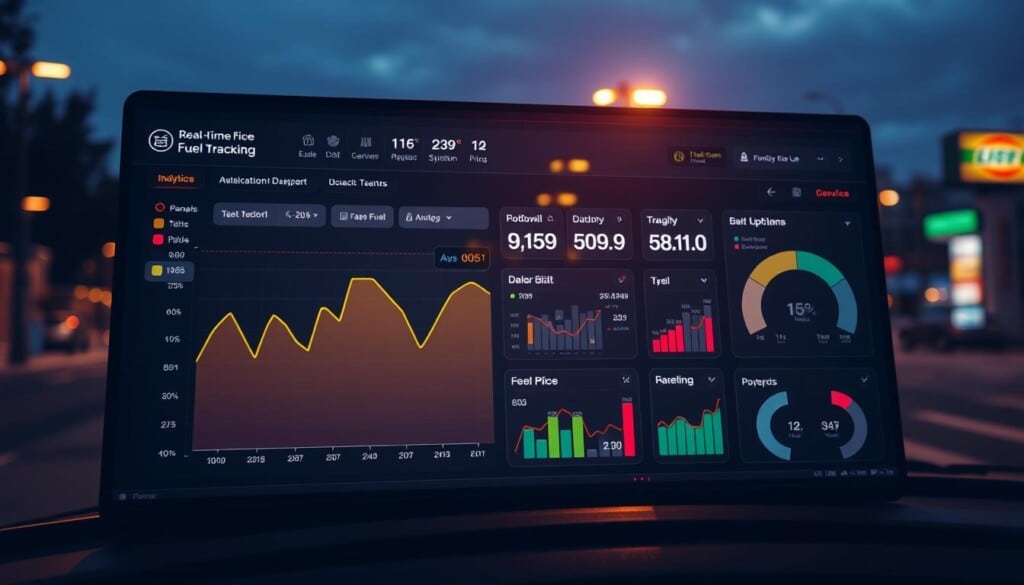 A multicolored dashboard display depicting real-time fuel price tracking tools, with a sleek, modern interface. The foreground features a prominent graph charting price fluctuations, complemented by intuitive controls and analytics. The middle ground showcases various data visualizations, including price comparisons across gas stations. The background renders a dimly lit urban landscape, hinting at the tool's usefulness in navigating the city's ever-changing fuel landscape. The scene is bathed in a warm, soft lighting, conveying a sense of informative clarity and technological sophistication.