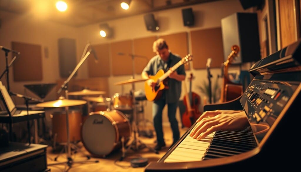A music studio filled with a vibrant, creative energy. In the foreground, a pianist's hands gracefully dance across the keys, their expression focused and inspired. In the middle ground, a guitarist strums chords, their face alight with passion. The background features an array of instruments - drums, saxophones, violins - all poised and ready to join the musical symphony. Soft, warm lighting casts a golden glow, evoking a sense of intimacy and collaboration. The overall atmosphere is one of boundless imagination, where boundaries between genres and styles blur, and the pursuit of artistic expression takes center stage.