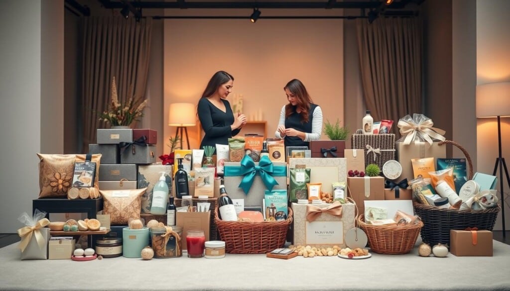 A neatly arranged assortment of high-quality gift baskets in an elegant studio setting. In the foreground, a variety of artisanal gourmet treats, premium bath and body products, and carefully curated lifestyle accessories are elegantly displayed against a soft, neutral backdrop. The middle ground features a team of skilled professionals thoughtfully selecting and assembling the perfect gift basket, considering the recipient's preferences and occasion. In the background, a cozy, warm lighting setup accentuates the luxurious textures and colors, creating an inviting and aspirational atmosphere. The overall composition conveys a sense of care, attention to detail, and the joy of gifting.