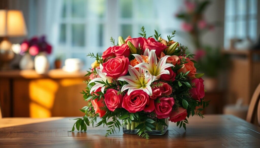 A neatly arranged bouquet of vibrant, lush flowers gently sits on a wooden table, casting a warm glow under soft, natural lighting. The centerpiece showcases an exquisite blend of radiant roses, delicate lilies, and delicately cascading greenery, exuding an elegant and inviting atmosphere. In the background, a blurred, cozy interior setting frames the floral display, creating a sense of harmony and sophistication. The image conveys the high-quality, bespoke floral arrangements available at the top florist stores nationwide, perfectly complementing the "Types of Floral Arrangements Offered" section of the article.