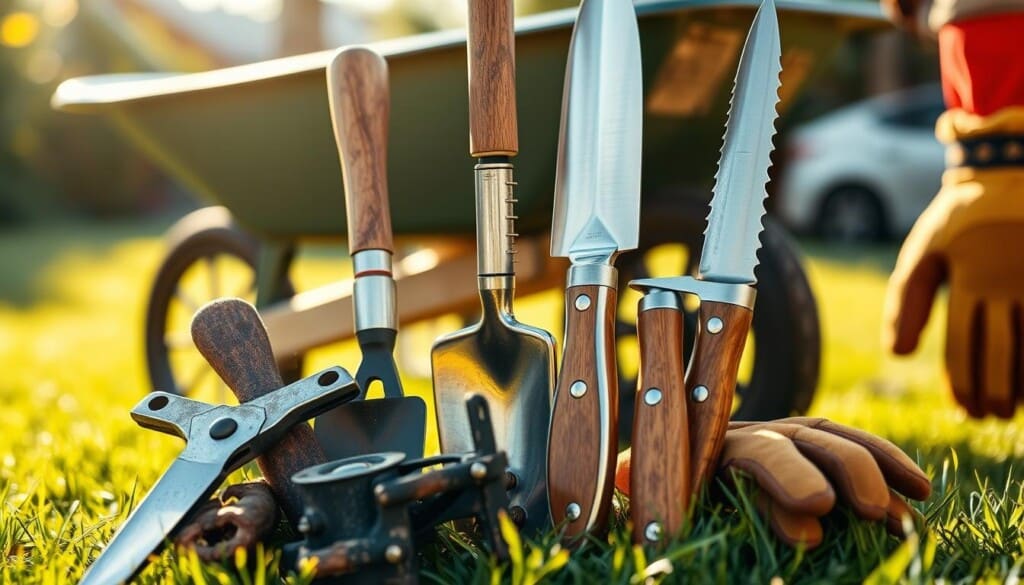 A neatly arranged collection of essential gardening tools, bathed in warm, natural lighting. In the foreground, a pair of sturdy pruning shears, their blades glistening, nestled alongside a well-worn trowel and a hand cultivator. In the middle ground, a sleek, stainless steel garden hoe and a sharp, serrated edging knife stand upright, their wooden handles polished to a shine. In the background, a sturdy wheelbarrow and a pair of heavy-duty gardening gloves suggest the hard work and dedication required for maintaining a thriving lawn and garden. The scene conveys a sense of order, organization, and the pride that comes from a job well done.