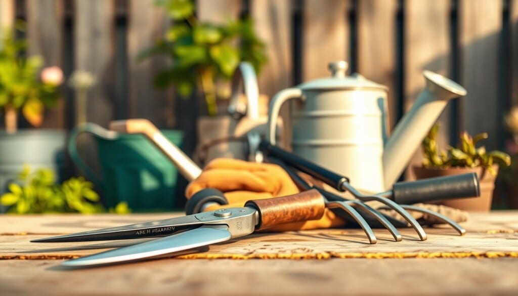 A neatly arranged composition of high-quality gardening tools against a soft, out-of-focus background. In the foreground, a pair of pruning shears, a trowel, and a hand cultivator lie on a wooden surface, their metallic surfaces glistening under warm, natural lighting. In the middle ground, a watering can and a gardening glove add to the scene, creating a sense of depth and balance. In the background, the blurred silhouettes of potted plants and a wooden fence suggest a cozy, backyard setting. The overall mood is one of tranquility and attention to detail, reflecting the essentials of a well-equipped gardening space.