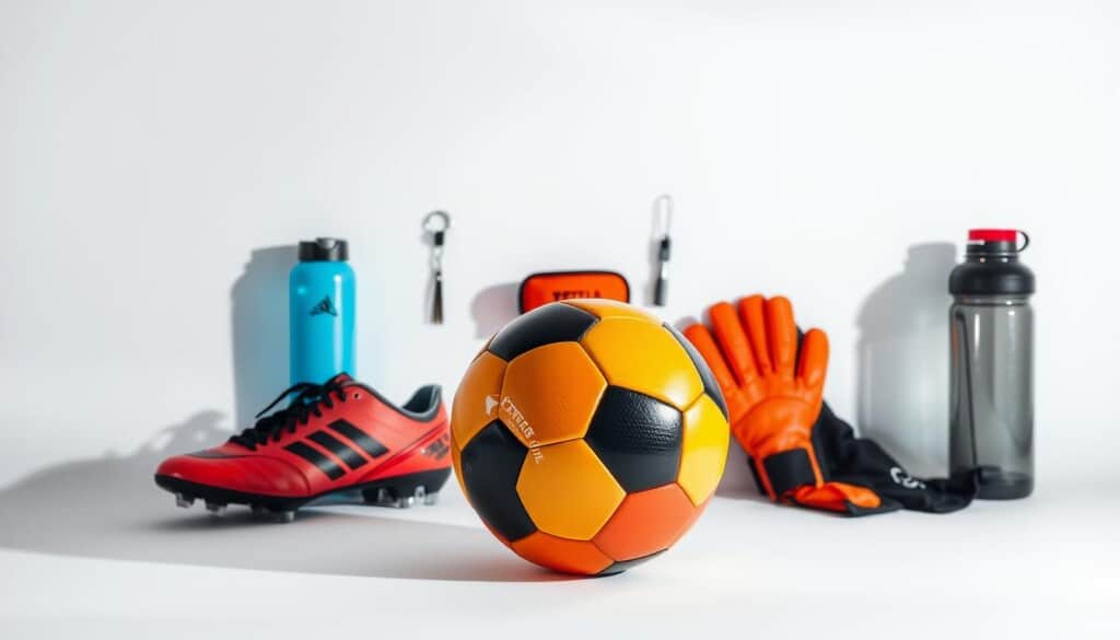 A neatly arranged set of essential soccer equipment rests against a plain white background, casting long, dramatic shadows. In the foreground, a glossy, vibrant soccer ball is the focal point, surrounded by a pair of high-top cleats, shin guards, and a water bottle. In the middle ground, a referee's whistle, a captain's armband, and a pair of goalkeeper gloves add additional details. The lighting is soft and diffused, creating a sense of simplicity and minimalism, emphasizing the utility and importance of these items for the sport of soccer.