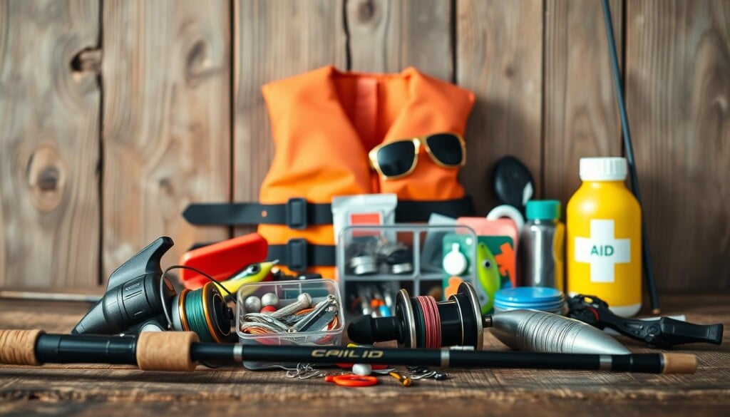 A neatly arranged still life of essential fishing tools and safety gear set against a rustic wooden background. In the foreground, a fishing rod, reel, and line are carefully displayed. In the middle ground, a tackle box, lures, and hooks are meticulously organized. In the background, a life jacket, sunglasses, and a first-aid kit are visible, conveying a sense of responsible and safety-conscious fishing. The scene is illuminated by natural light, casting a warm, inviting glow. The overall composition is balanced and visually appealing, capturing the necessary equipment for a successful and safe fishing expedition.